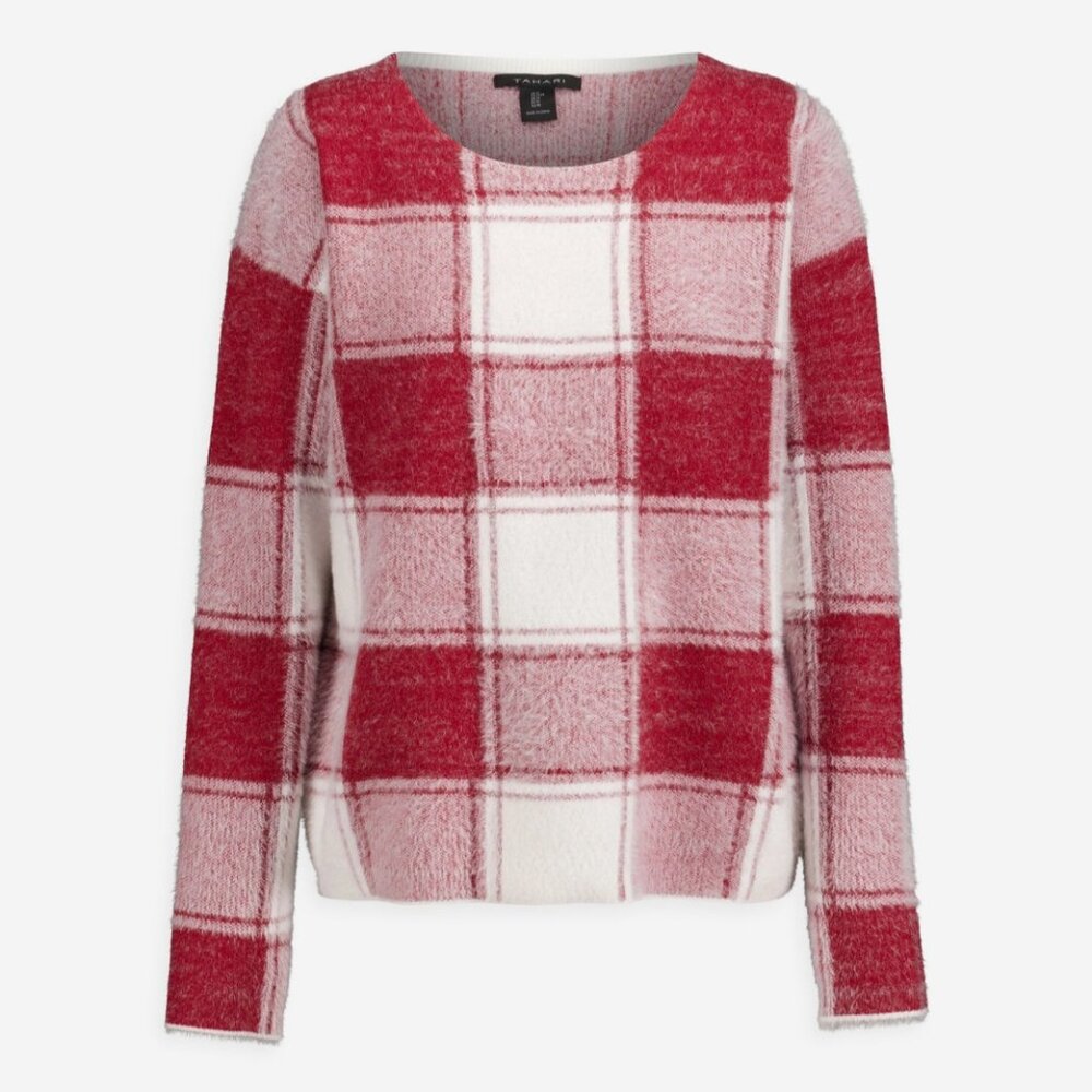 NMT Tahari Women's Red Eyelash Checkered Jumper Sweater Fluffy Soft Cozy Size XS